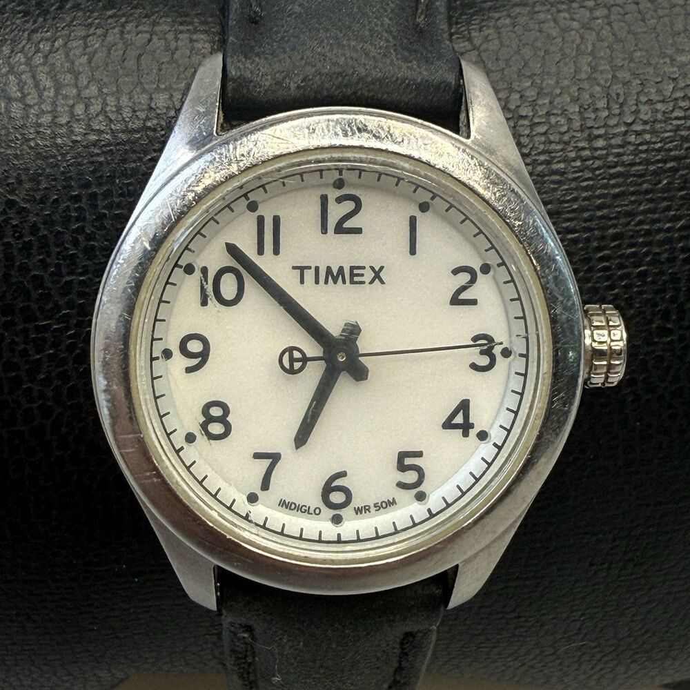 Timex Indiglo Womens Watch 28mm T2M444 Silver Tone Black Leather Band EUC